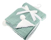 Personalised Baby Blanket, embroidered, Cable Knit with pom poms and sherpa , personalized baby gift, Sage Green