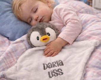 Personalised Baby Comforter, Cubbies Grey penguin, Personalized Stuffie Blankie, New Baby Gift