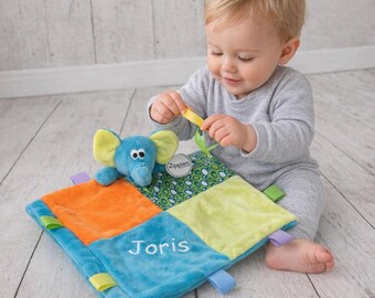 Personalised Baby Comforter Blanket and Tag. Elephant Personalized stuffie blanket, Embroidered Gift and rattle