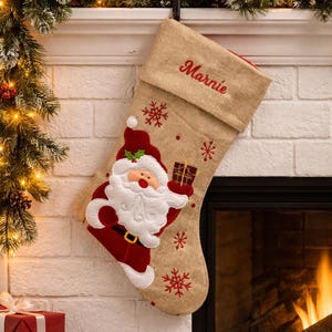Calcetín navideño de Papá Noel bordado, decoración navideña personalizada de arpillera