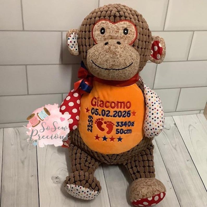 Personalised Cubbies Patchwork Monkey, Embroidered Birth Stats, Baby Gift, personalized stuffie image 2