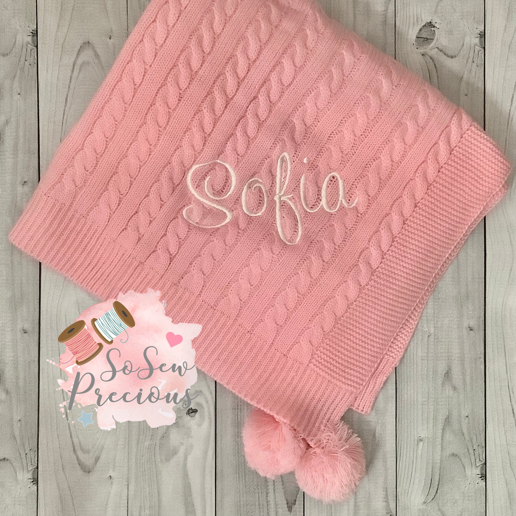 Personalised Baby Blanket embroidered Cable Knit with pom poms personalized baby gift Baby pink