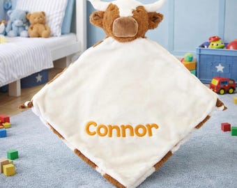 Personalised Baby Comforter, Cubbie Texas Longhorn Cow, New Baby Gift, Personalized Stuffie Blankie