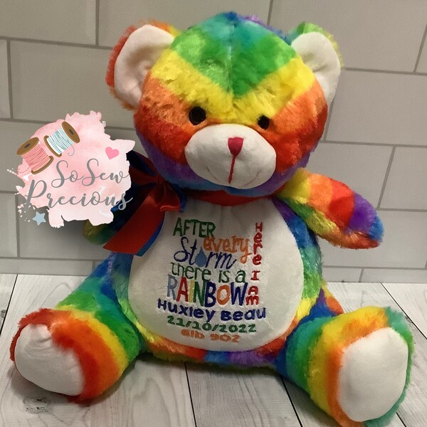 Personalised Rainbow Teddy Bear,  Rainbow Baby,  Embroidered birthday Gift, Boy or Girl Custom bear, Christening Teddy, 1st birthday