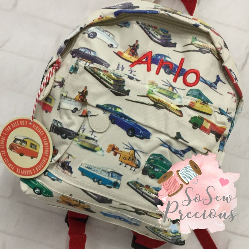 Personalised Child's Mini Backpack Rucksack, Cars Transport, Personalized Bag, Vintage design image 1
