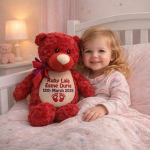 Urso vermelho rubi personalizado, presente, bebê menino ou menina, ursinho de batizado, 1º aniversário, ursos bordados, pelúcia personalizada
