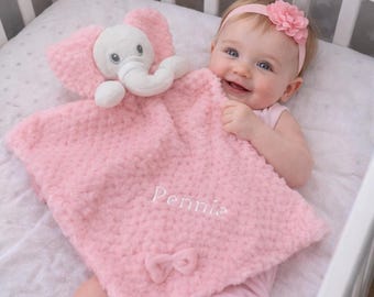 Personalised Baby Comforter Blankie. Sensory Elephant Pink Personalized stuffie blanket, Embroidered Gift for baby