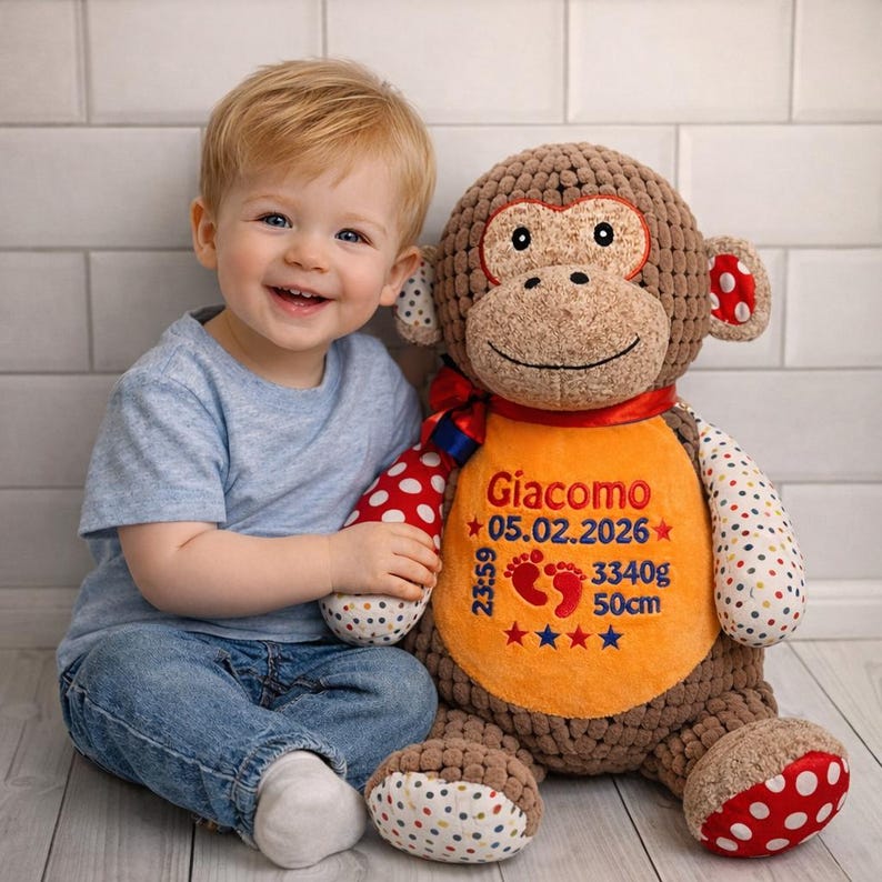 Personalised Cubbies Patchwork Monkey, Embroidered Birth Stats, Baby Gift, personalized stuffie image 1