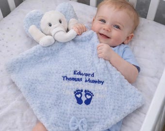 Personalised Baby Comforter Blankie. Sensory Elephant Blue Personalized stuffie blanket, Embroidered Gift for baby