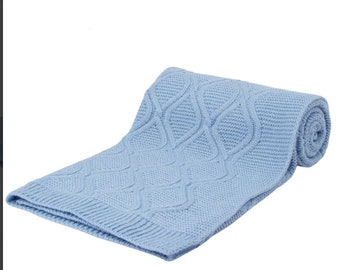 Personalised Baby Blanket, embroidered, Cable Knit Chain  , personalized baby gift,  Blue