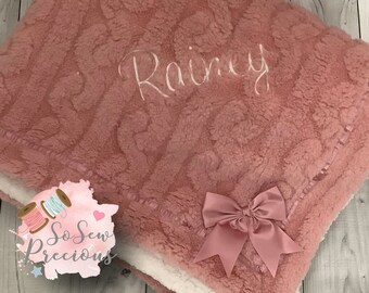 Personalised Baby Blanket, embroidered, Deluxe Plush with bow and sherpa , personalized baby gift, dusky pink