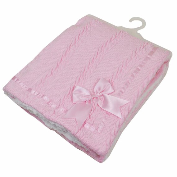 Personalised Baby Blanket embroidered Cable Knit with bow and sherpa personalized baby gift pink