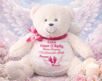 Gepersonaliseerde teddybeer, engel, geborduurd verjaardagscadeau, jongen of meisje aangepaste beer, doopteddy, herinnering aan geliefde, gepersonaliseerd