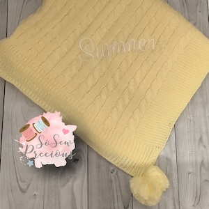 Personalised Baby Blanket, embroidered, Cable Knit with pom poms , personalized baby gift, Lemon yellow