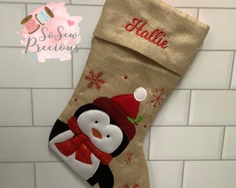 Personalised christmas stocking ,First Christmas , Red White, 1st Christmas,Personalized Stockings, Penguin, Hessian