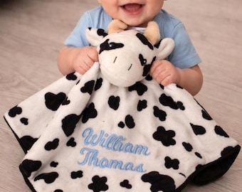 Personalised Baby Comforter Blankie. Cow Personalized stuffie blanket, Embroidered Gift for baby