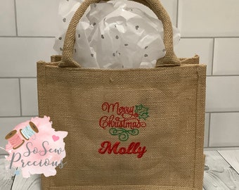 Personalisierte Weihnachten bestickte Jute-Geschenktasche, Geschenke, personalisierte Tasche, Wahl der Farbe