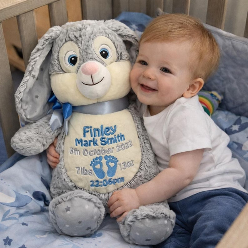 Personalised Cubbies Bunny Rabbit Grey Stars, Embroidered Baby Gift ...