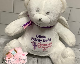 Gepersonaliseerde teddybeer, engel, geborduurd verjaardagscadeau, jongen of meisje aangepaste beer, doop teddy, herinnering aan geliefde, gepersonaliseerd