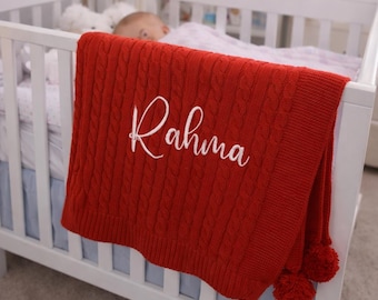 Personalised Baby Blanket, embroidered, Cable Knit with pom poms , personalized baby gift, Red