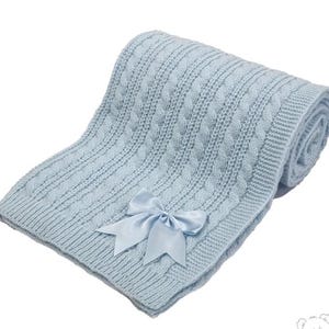 Personalised Baby Blanket, embroidered, Cable Knit with bow , personalized baby gift,  blue