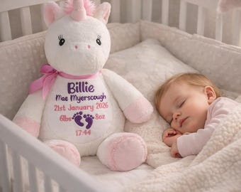 Ours en peluche licorne personnalisé, nounours personnalisé brodé, nouveau cadeau pour bébé fille, licorne, article personnalisé, blanc, pièce de naissance