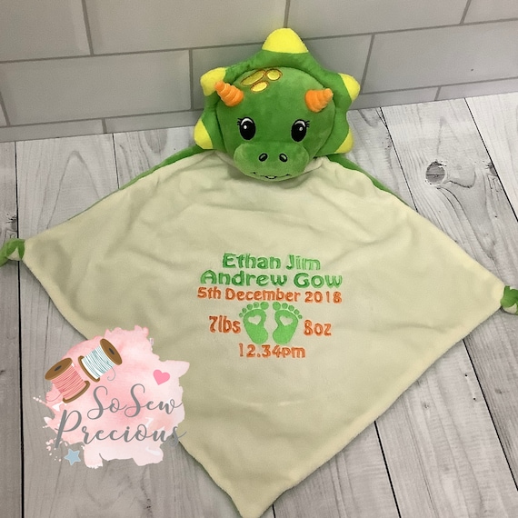 Personalised Baby Comforter snuggle Blanket Cubbies DRAGON New Baby birth Gift 