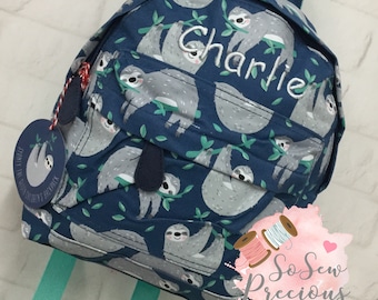 Personalised Child's Mini Backpack Rucksack, Sloth, Personalized Bag, nursery school