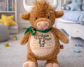 Personalised Cubbies Highland Cow Teddy Bear, birthday Gift, Boy or Girl , Christening Teddy, 1st birthday, personalized stuffie