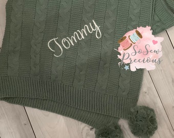 Personalised Baby Blanket, embroidered, Cable Knit with pom poms , personalized baby gift, Sage green