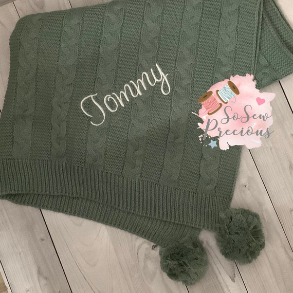Personalised Baby Blanket embroidered Cable Knit with pom poms personalized baby gift Sage green