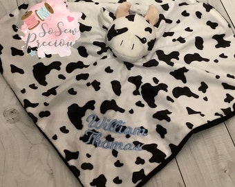 Personalised Baby Comforter Blankie. Cow Personalized stuffie blanket, Embroidered Gift for baby