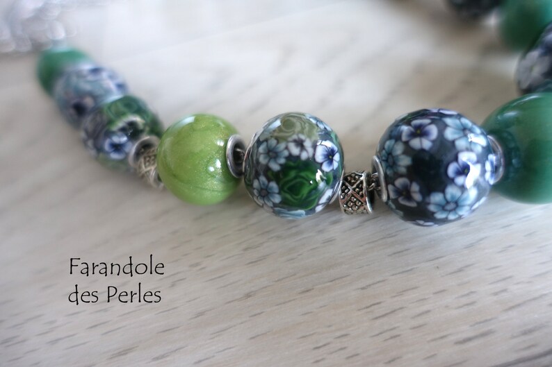 gray and black European style pearl necklace floral decoration shades green silver chain fimo polymer paste