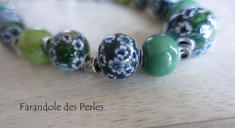 gray and black European style pearl necklace floral decoration shades green silver chain fimo polymer paste