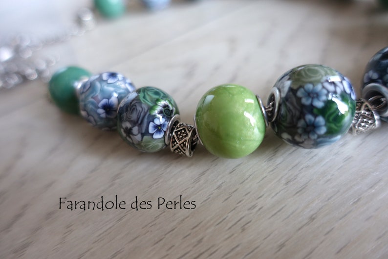 gray and black European style pearl necklace floral decoration shades green silver chain fimo polymer paste