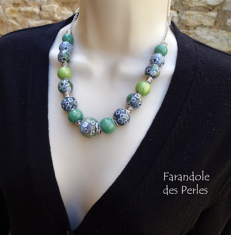 gray and black European style pearl necklace floral decoration shades green silver chain fimo polymer paste