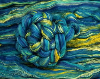 Custom Blended Merino Wool and Mulberry Silk Combed Top Roving Fibre for Spinning or Felting "Macaw"