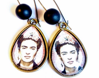 Drop earring, ethnic, original, vintage, frida kahlo, glass cabochon, bronze, colorful, gift, mother's day, art, painting