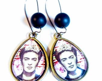 Drop earring, ethnic, original, vintage, frida kahlo, glass cabochon, bronze, colorful, gift, mother's day, art, painting