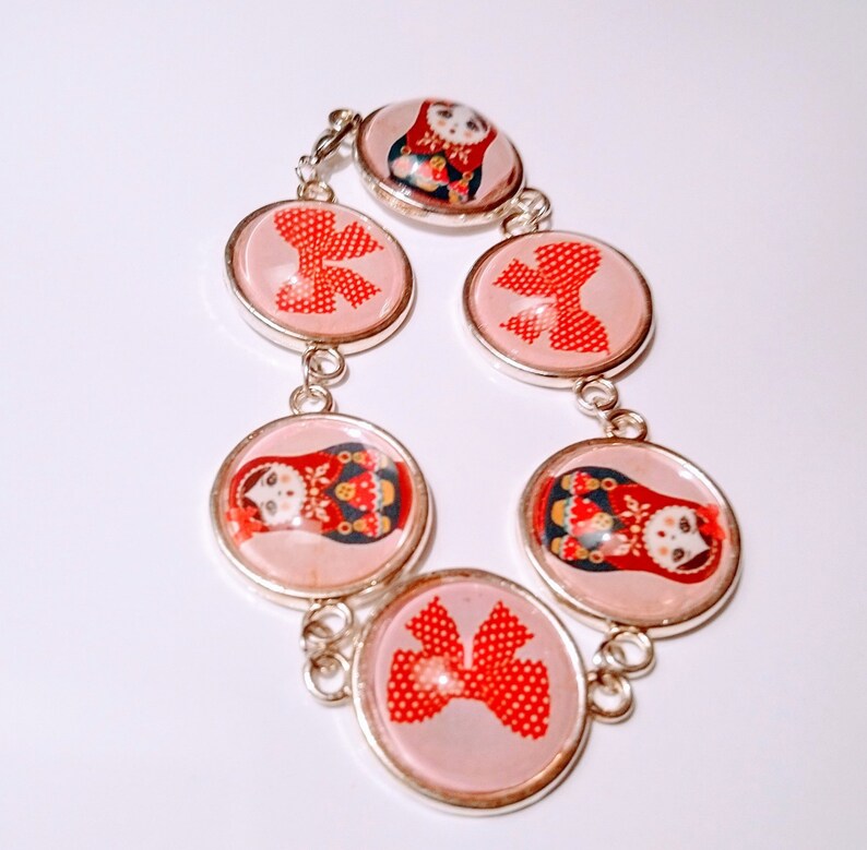 cabochon silver blue,. woman mother/'s day Christmas Bracelet matryoshka Russian doll ethnic glass color jewelry vintage pattern