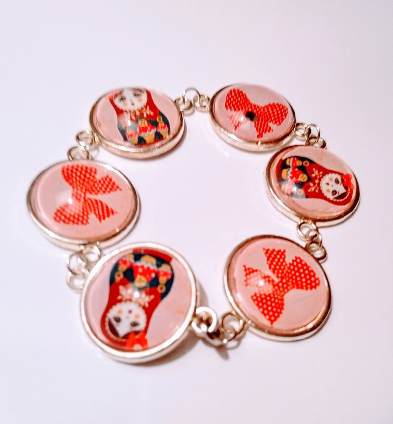 cabochon silver blue,. woman mother/'s day Christmas Bracelet matryoshka Russian doll ethnic glass color jewelry vintage pattern