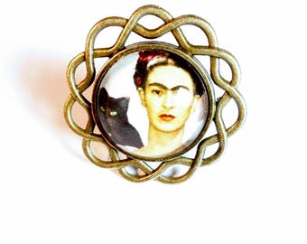 Ring adjustable bronze cabochon ethnic vintage frida kahlo cabochon glass