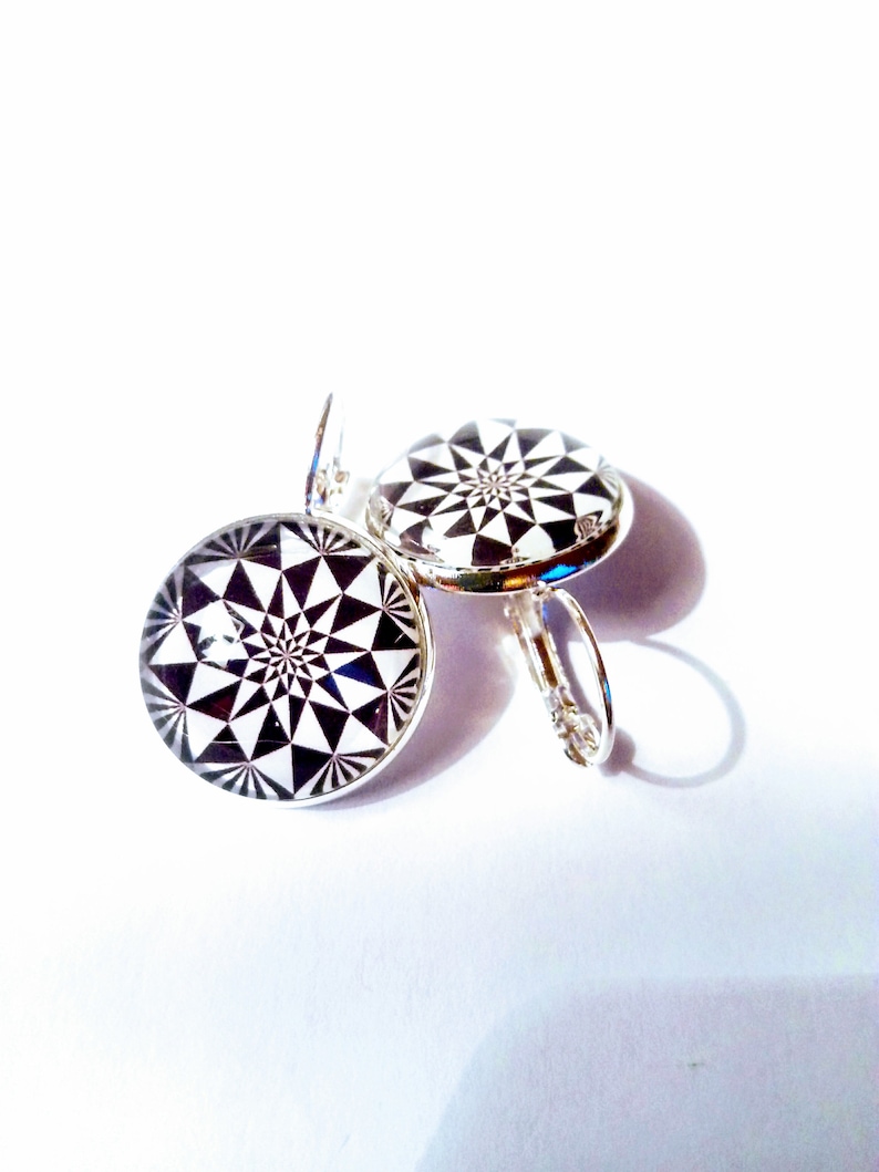 Earring stud earring Silver Black and White graphic cabochon black and white color mother of mothers gift