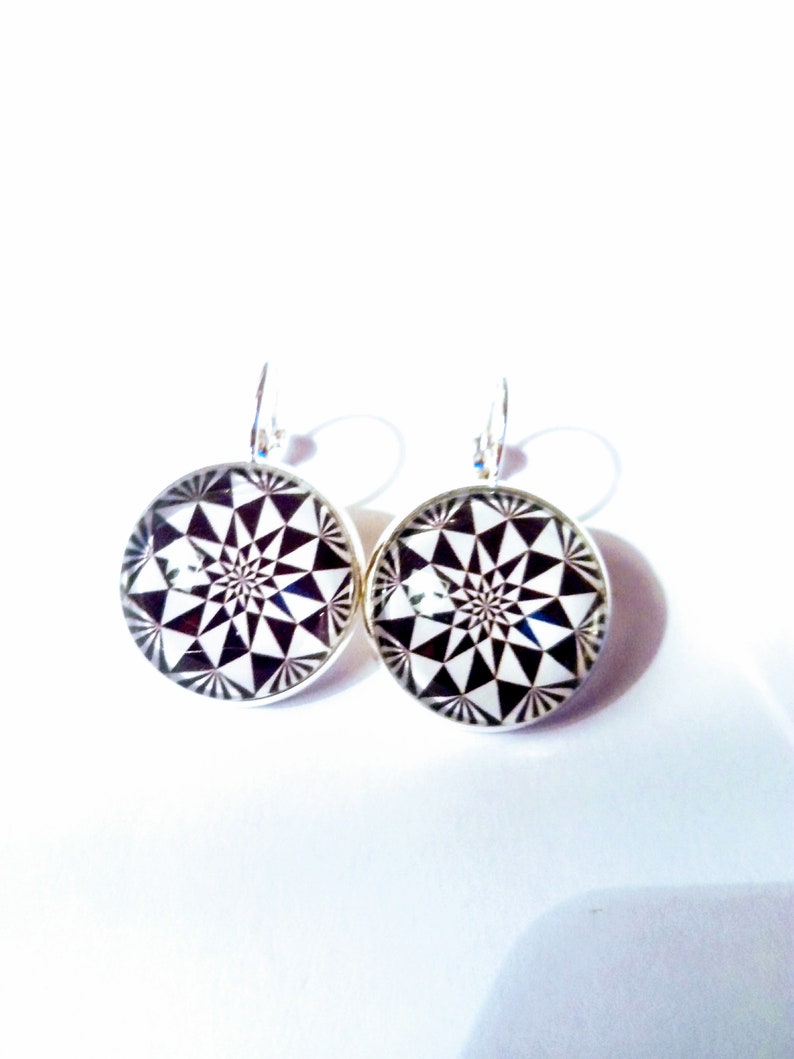 Earring stud earring Silver Black and White graphic cabochon black and white color mother of mothers gift
