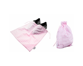 Luxury Travel Set Pink. Elegant Lingerie Bag Shoe Organizer. Polish Handmade Cotton Checkered Gift for Her.