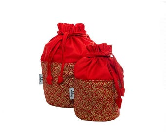 Red & Gold Floral Cotton Organizer Pouches | Polish Made Travel Set