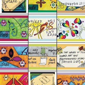 May include: A collection of colorful, hand-drawn art pieces with various themes. Some feature text like "Tarot," "Ideas," and Bible verses. The artwork includes hearts, birds, and geometric shapes, with a mix of vibrant colors.