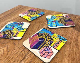 Illustrated Gift Coasters – Set of 4, Home Bar Decor