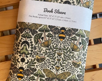 Botanical print, bees, mushroom, moons and moths whimsical print book sleeve