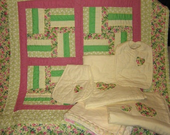 Hand quilted crib quilt -with handmade accessories